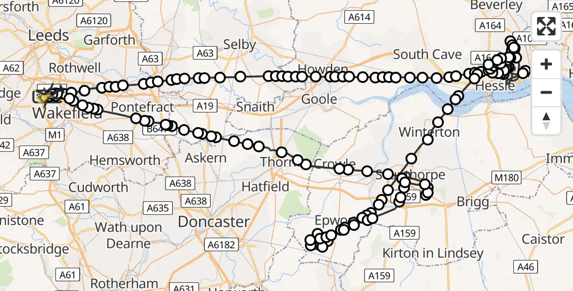 Flight route Police Helicopter East Ardsley - East Ardsley, 26 July 2026, 21:32
