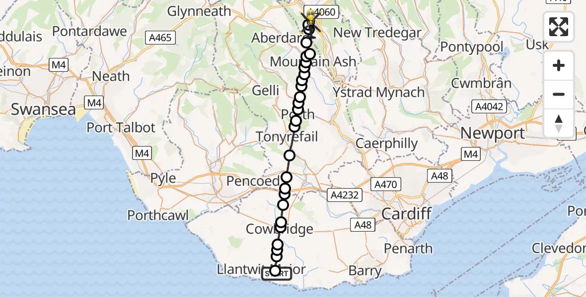 Flight route Police Helicopter MOD St Athan - Abercanaid, 26 July 2026, 21:35