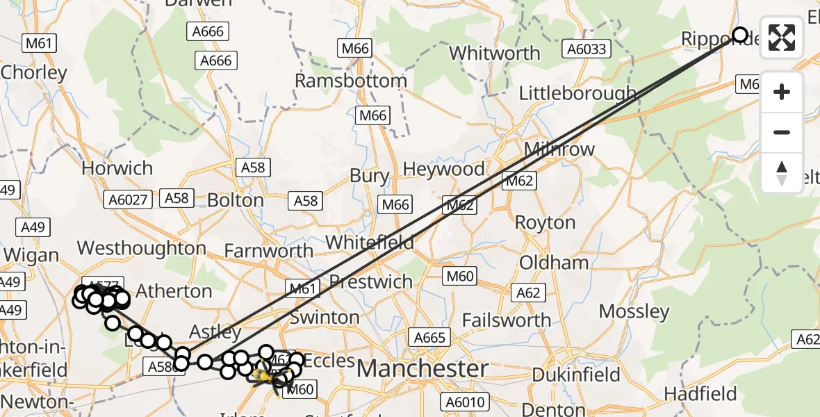 Flight route Police Helicopter Irlam - Manchester Barton Aerodrome, 26 July 2026, 21:41