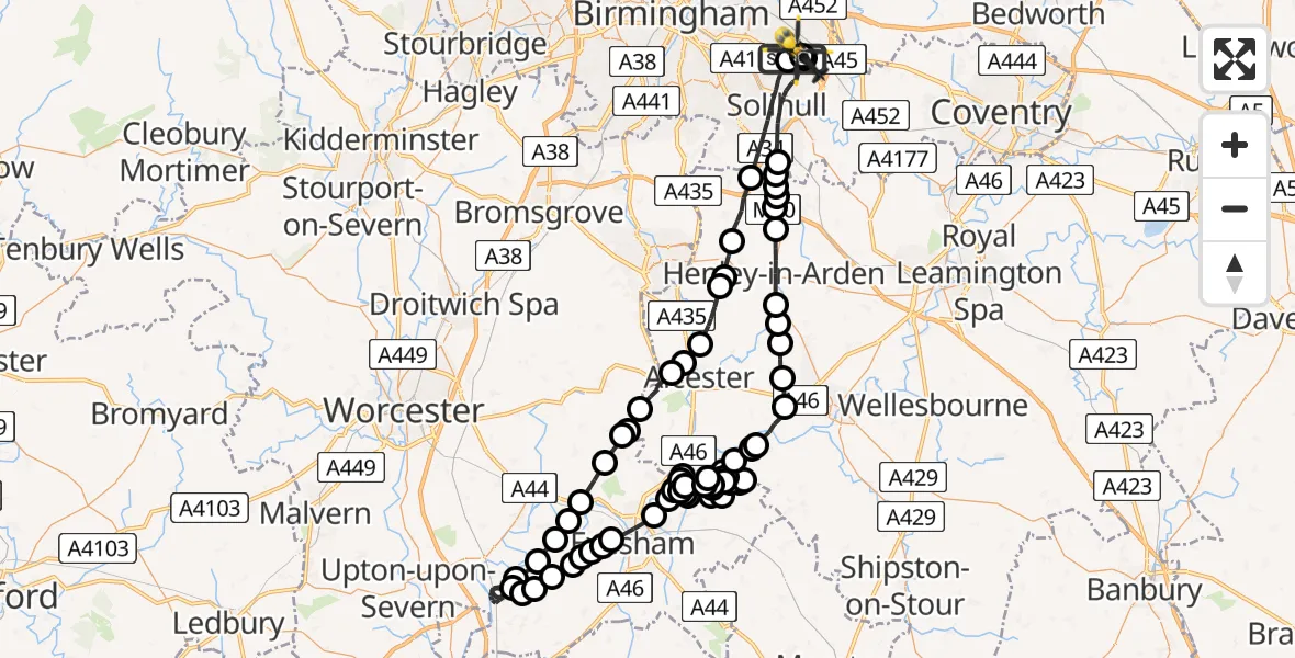Flight route Police Helicopter Birmingham Airport - Solihull, 26 July 2026, 21:57