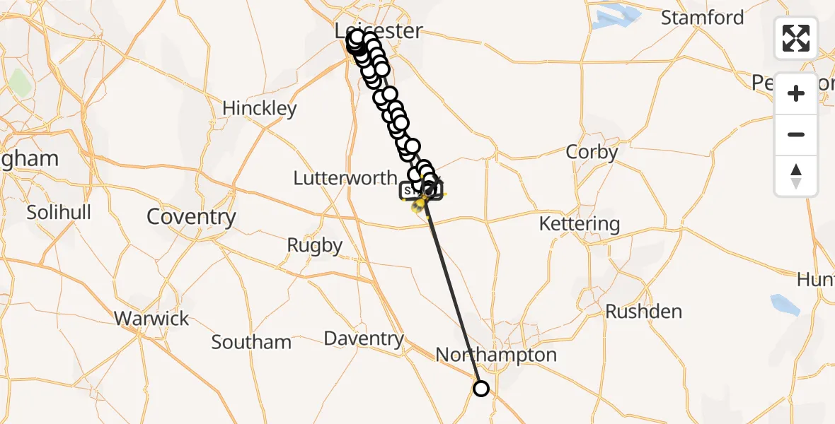 Flight route Police Helicopter Husbands Bosworth Airfield - Harborough, 26 July 2026, 21:59