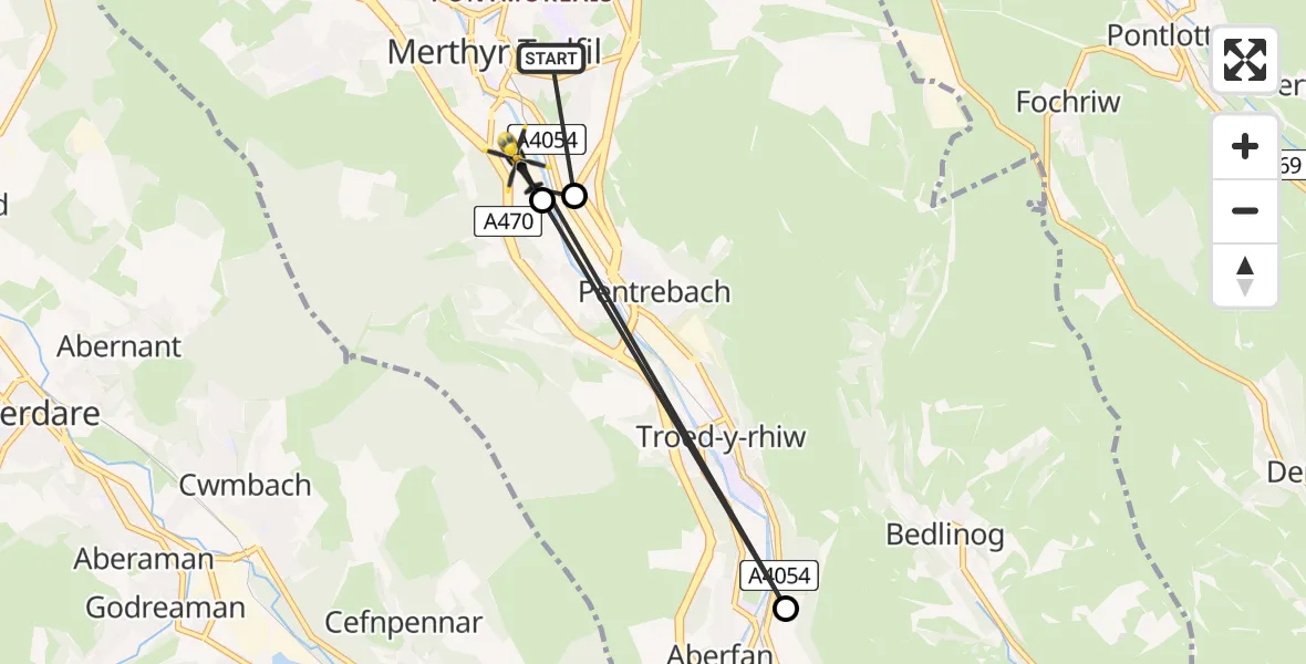 Flight route Police Helicopter Merthyr Tydfil - Merthyr Tydfil, 26 July 2026, 22:02