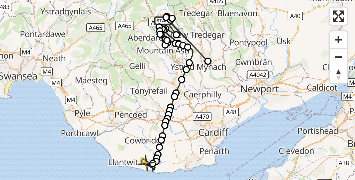 Flight route Police Helicopter Merthyr Tydfil - MOD St Athan, 26 July 2026, 22:10