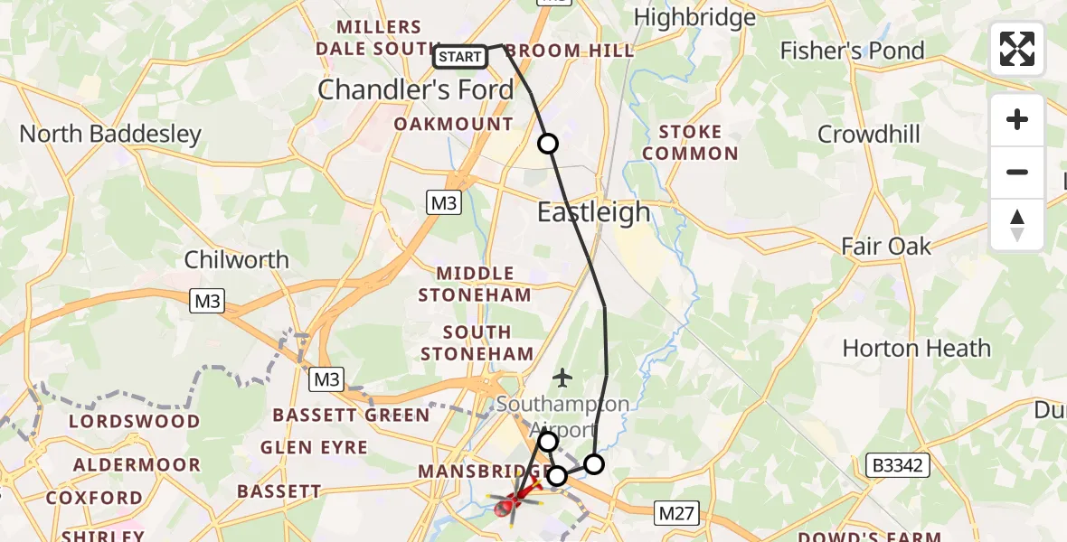 Flight route Air Ambulance Helicopter Chandler's Ford - Mansbridge, 26 July 2026, 22:10