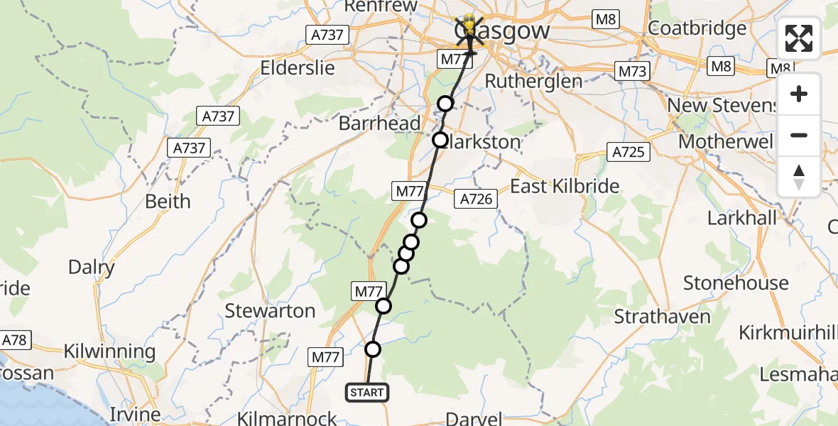 Flight route Police Helicopter Moscow - Glasgow, 26 July 2026, 22:19