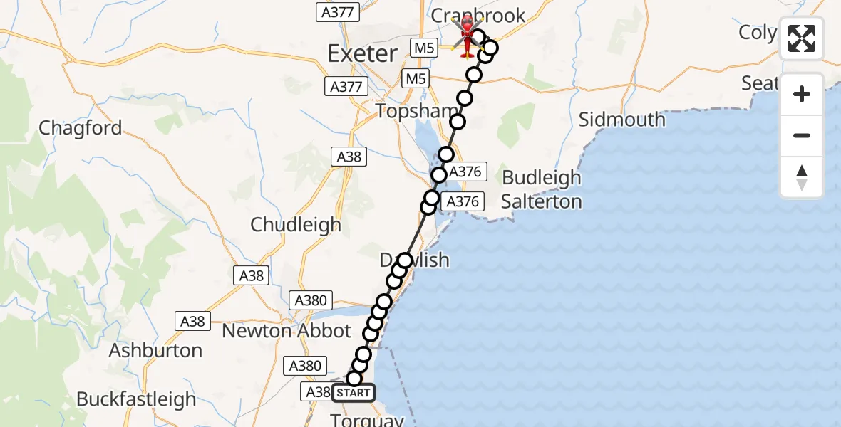 Flight route Air Ambulance Helicopter Torquay - Exeter International Airport, 26 July 2026, 22:23
