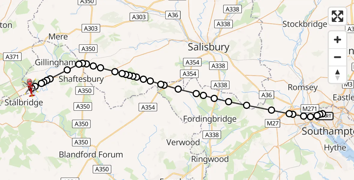 Flight route Air Ambulance Helicopter University Hospital Southampton - Henstridge Airfield, 26 July 2026, 22:32