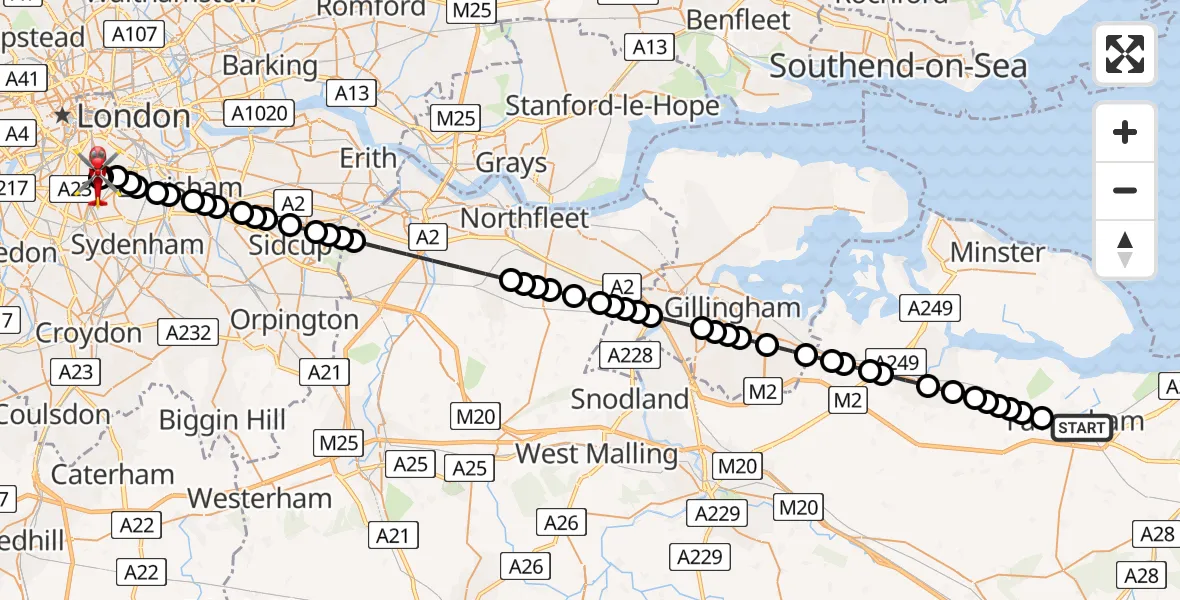 Flight route Air Ambulance Helicopter Faversham - Kings College London Hospital, 26 July 2026, 22:37