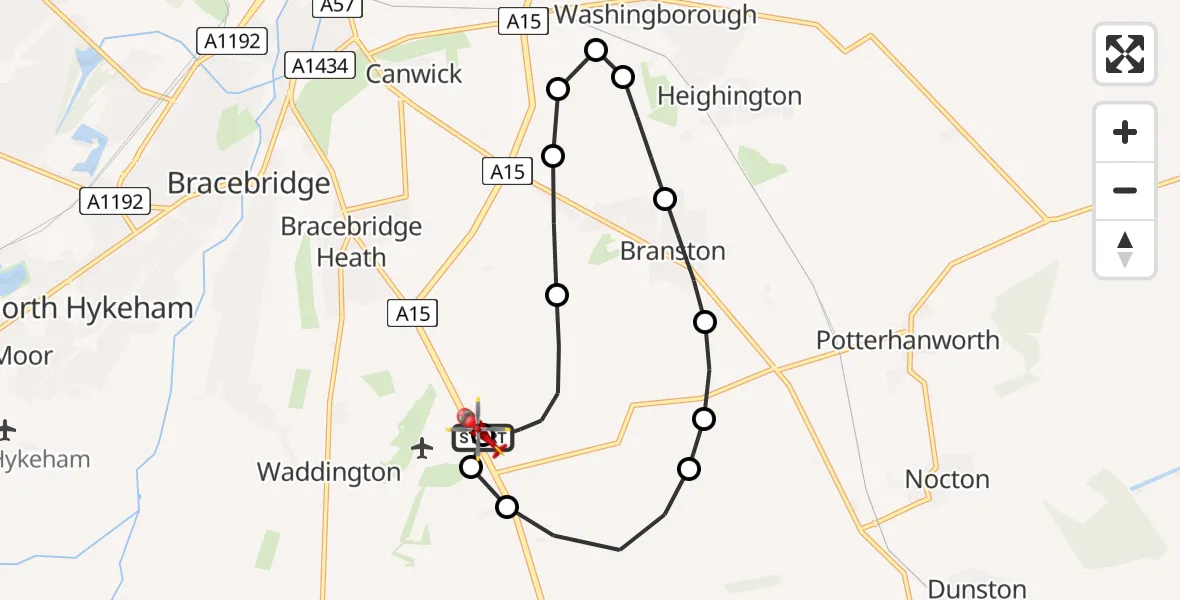 Flight route Air Ambulance Helicopter RAF Waddington - North Kesteven, 26 July 2026, 23:01