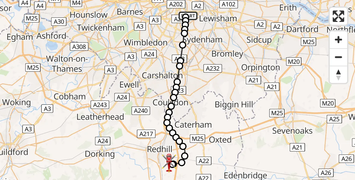 Flight route Air Ambulance Helicopter Kings College London Hospital - Redhill Aerodrome, 26 July 2026, 23:48