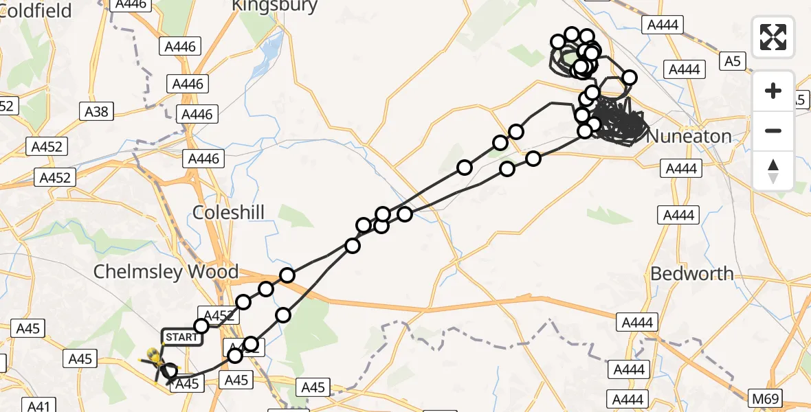 Flight route Police Helicopter Solihull - Birmingham Airport, 27 July 2026, 00:17