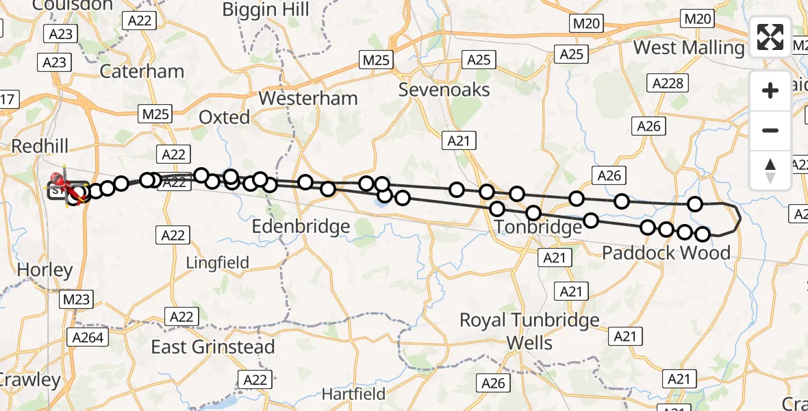 Flight route Air Ambulance Helicopter Redhill Aerodrome - Redhill Aerodrome, 27 July 2026, 01:24
