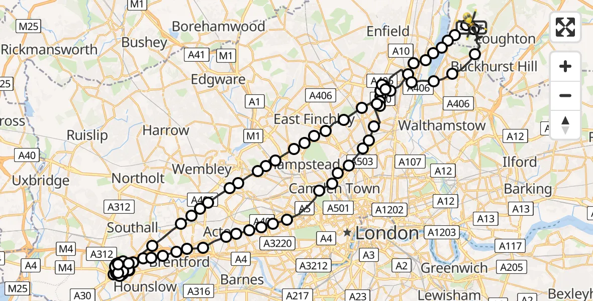 Flight route Police Helicopter Metropolitan Police Air Support Unit Lippitts Hill - Metropolitan Police Air Support Unit Lippitts Hill, 27 July 2026, 02:11