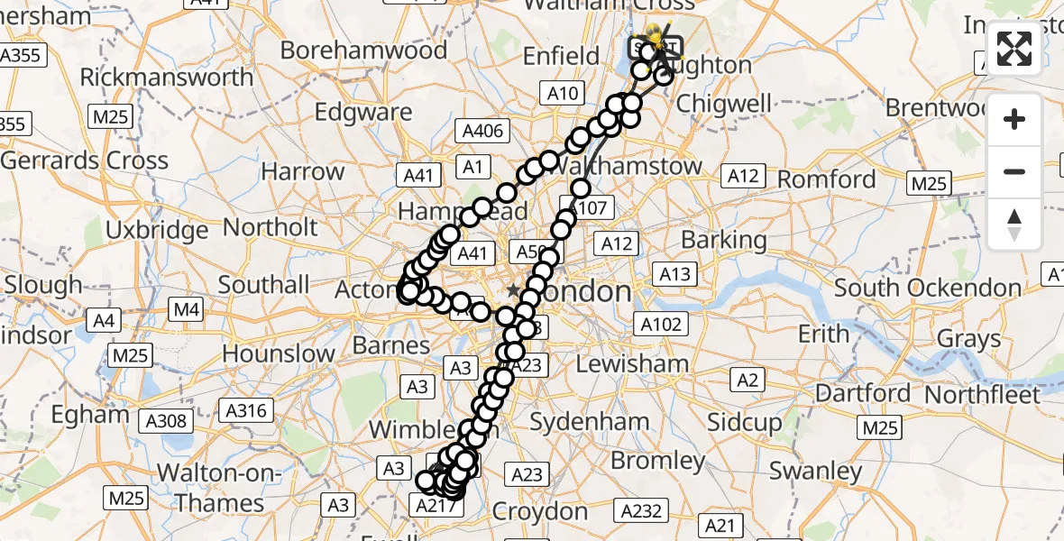Flight route Police Helicopter Metropolitan Police Air Support Unit Lippitts Hill - Metropolitan Police Air Support Unit Lippitts Hill, 27 July 2026, 04:00