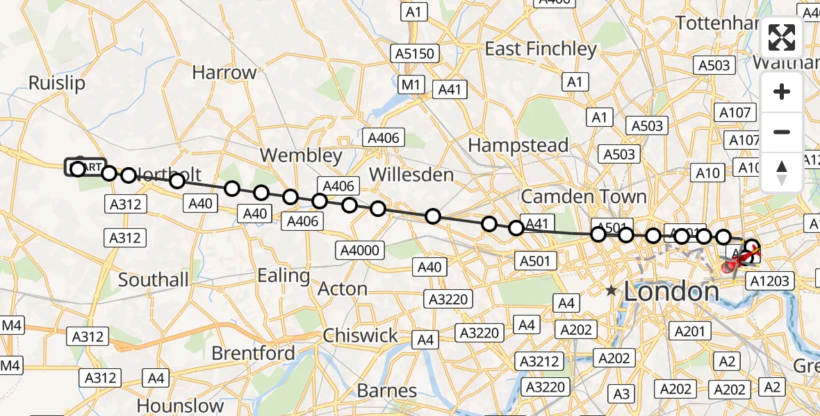 Flight route Air Ambulance Helicopter RAF Northolt - Royal London Hospital, 27 July 2026, 06:49