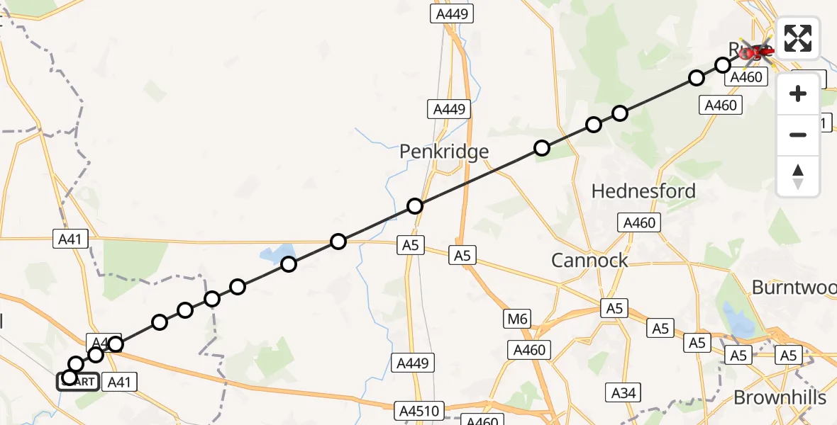 Flight route Air Ambulance Helicopter RAF Cosford - Rugeley, 27 July 2026, 07:17