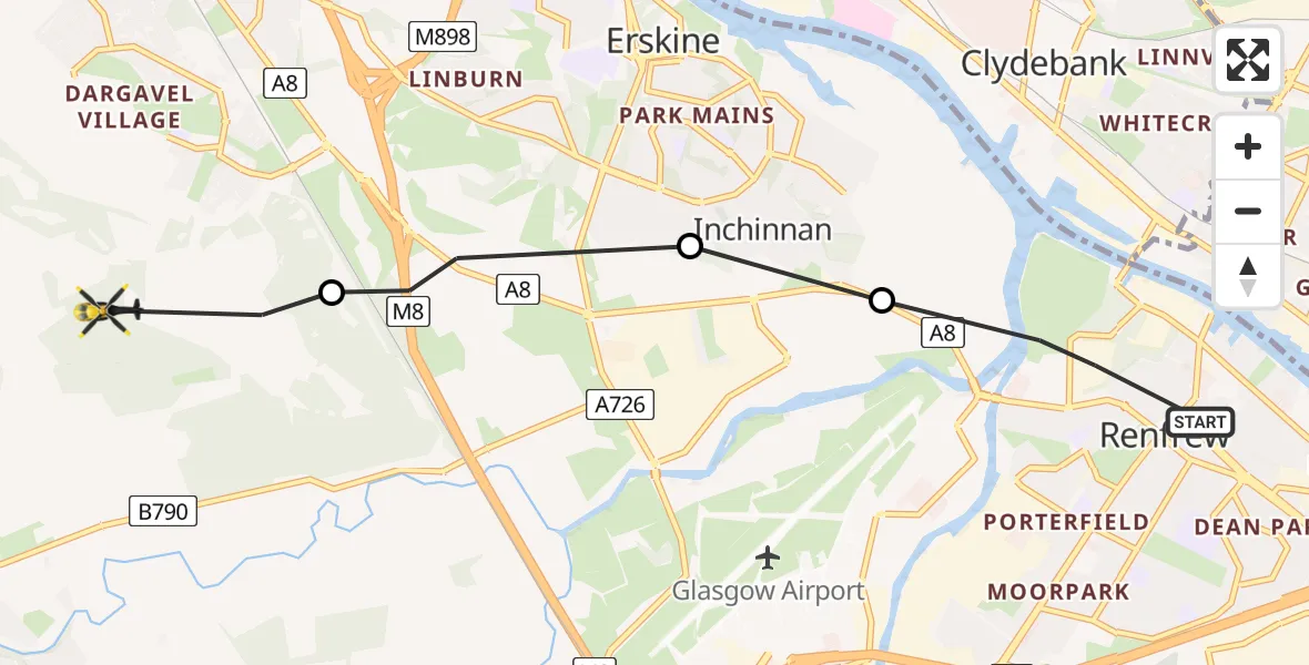 Flight route Police Helicopter Renfrew - Bishopton, 27 July 2026, 07:20
