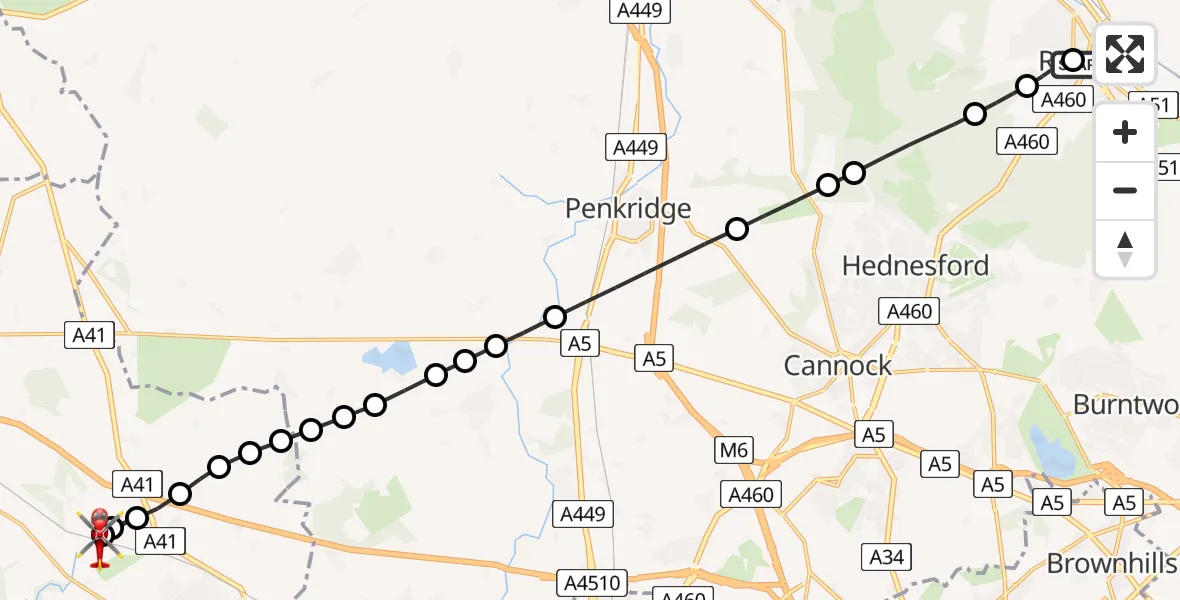 Flight route Air Ambulance Helicopter Rugeley - Cosford, 27 July 2026, 07:47