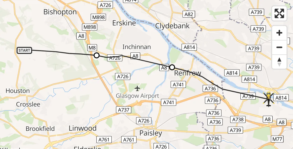 Flight route Police Helicopter Bishopton - Glasgow, 27 July 2026, 08:14