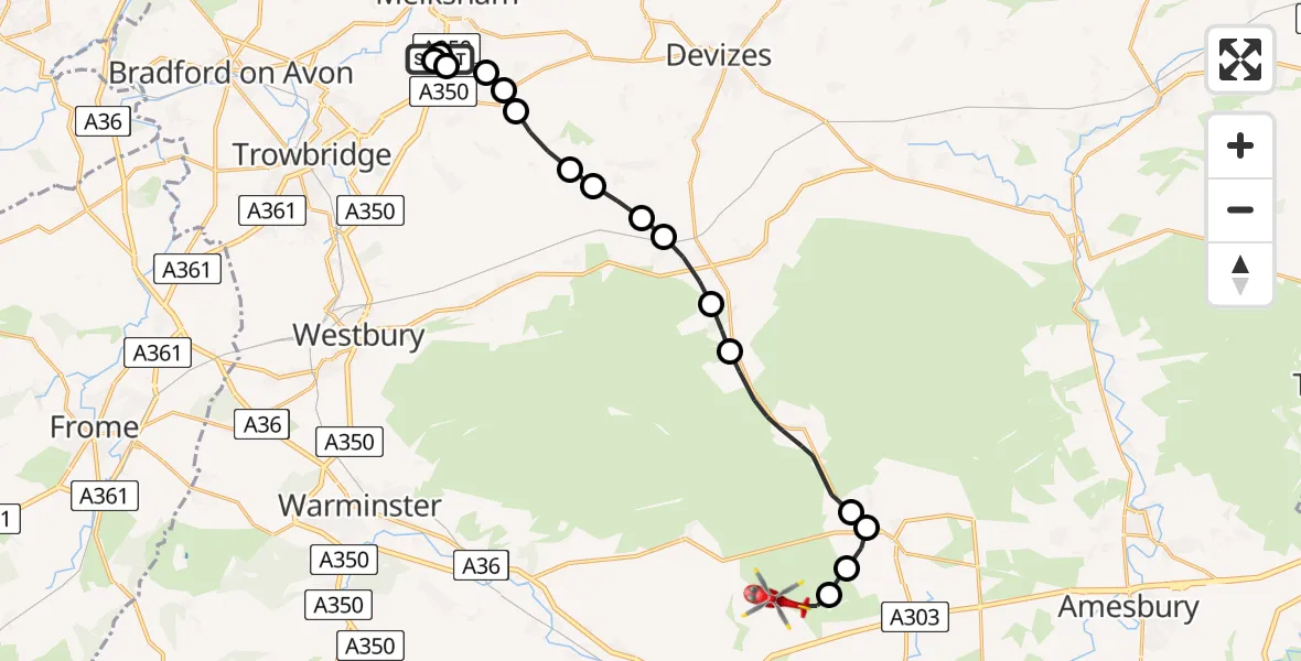 Flight route Air Ambulance Helicopter Wiltshire Air Ambulance - Steeple Langford, 27 July 2026, 08:30