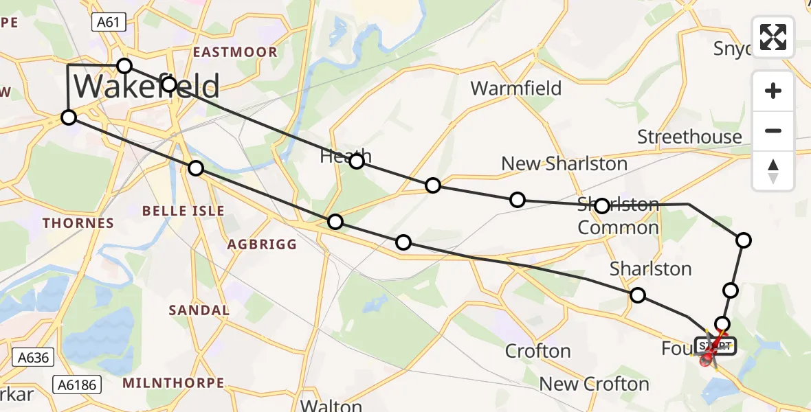 Flight route Air Ambulance Helicopter YAA Nostell Helicopter Port - YAA Nostell Helicopter Port, 27 July 2026, 08:33