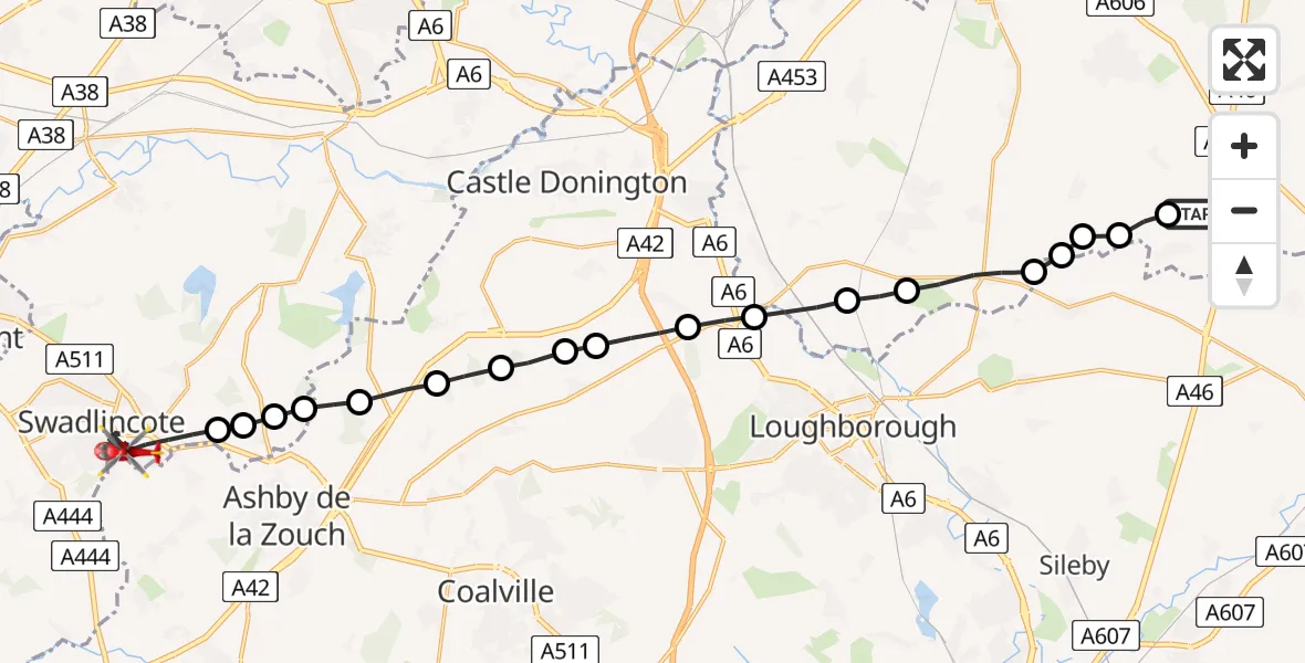 Flight route Air Ambulance Helicopter Willoughby on the Wolds - Swadlincote, 27 July 2026, 08:36