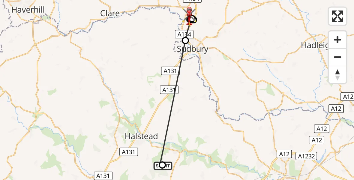 Flight route Air Ambulance Helicopter Earls Colne Airfield - Long Melford, 27 July 2026, 08:52