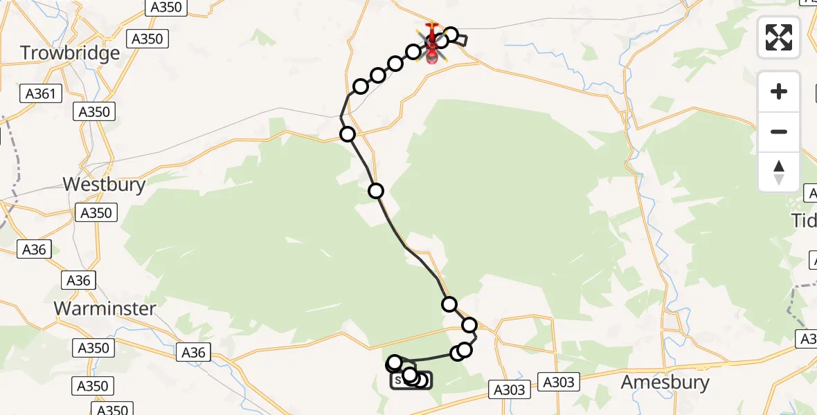 Flight route Air Ambulance Helicopter Shrewton - Stert, 27 July 2026, 08:53