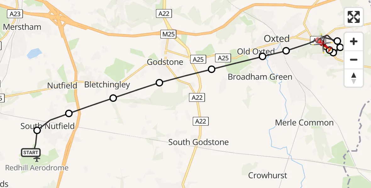 Flight route Air Ambulance Helicopter Redhill Aerodrome - Limpsfield, 27 July 2026, 08:53