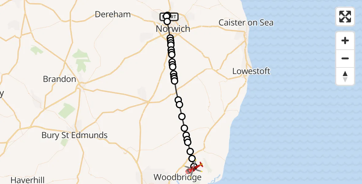 Flight route Air Ambulance Helicopter Norwich Airport - Rendlesham, 27 July 2026, 09:01