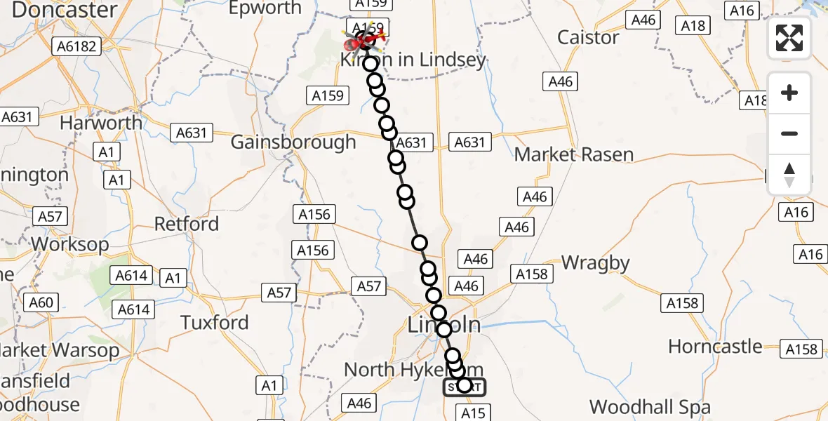 Flight route Air Ambulance Helicopter RAF Waddington - Scotton CP, 27 July 2026, 09:02
