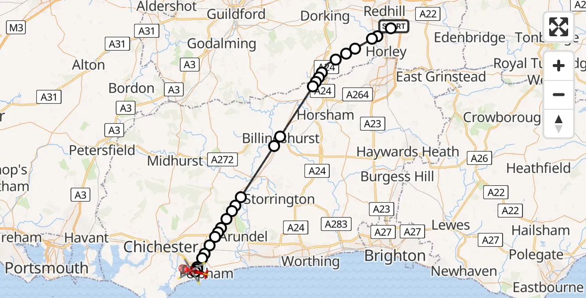 Flight route Air Ambulance Helicopter Redhill Aerodrome - Bognor Regis, 27 July 2026, 09:08