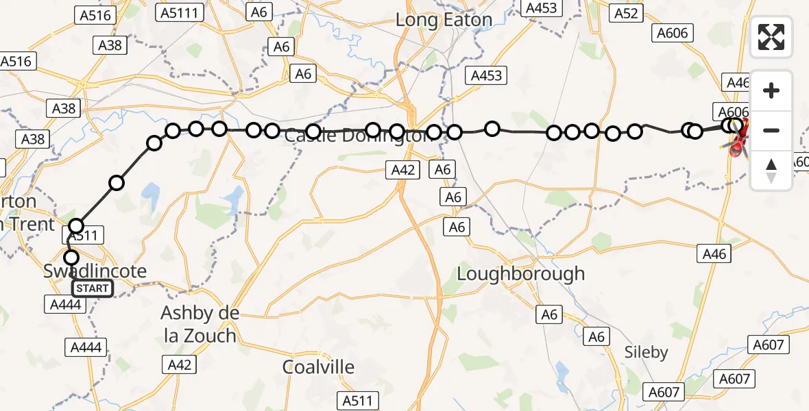 Flight route Air Ambulance Helicopter Swadlincote - Nottingham Heliport, 27 July 2026, 09:11