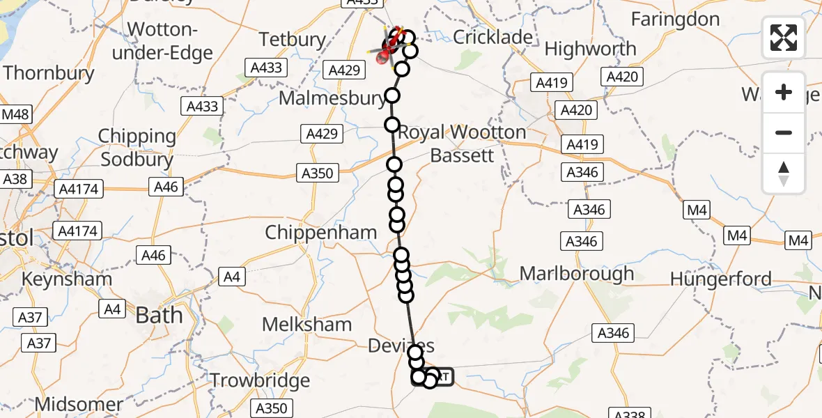 Flight route Air Ambulance Helicopter Urchfont - Oaksey Park Airfield, 27 July 2026, 09:11