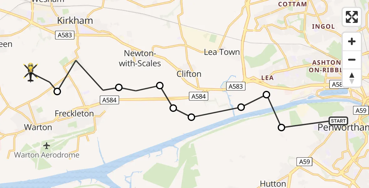 Flight route Police Helicopter Penwortham - Fylde, 27 July 2026, 09:20