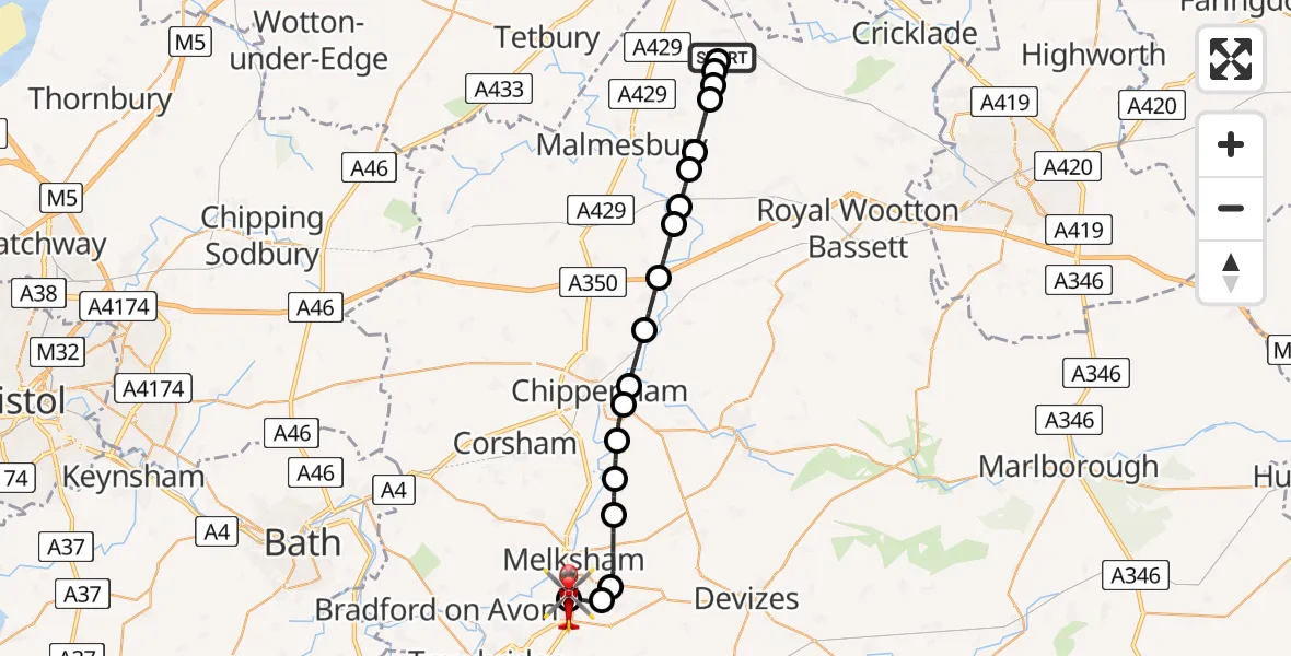 Flight route Air Ambulance Helicopter Oaksey Park Airfield - Wiltshire Air Ambulance, 27 July 2026, 09:48