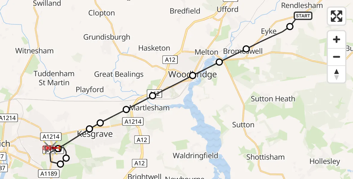 Flight route Air Ambulance Helicopter Rendlesham - Rushmere St Andrew, 27 July 2026, 10:12