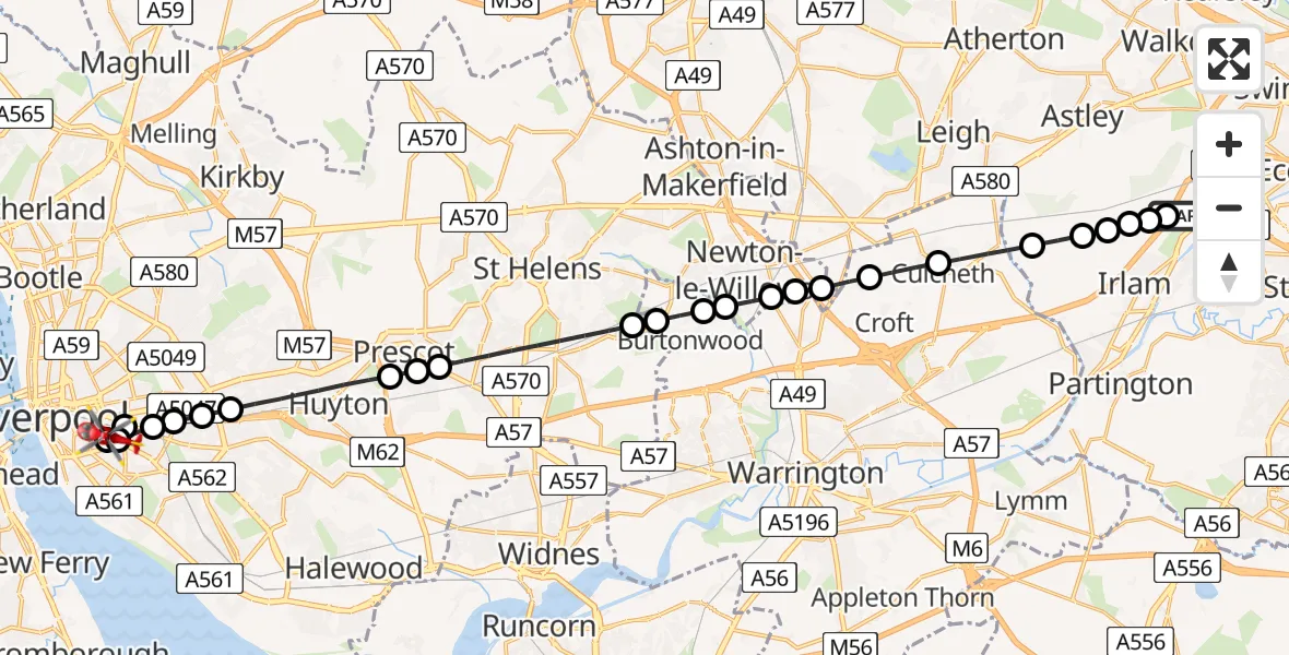 Flight route Air Ambulance Helicopter Manchester Barton Aerodrome - Edge Hill, 27 July 2026, 10:12