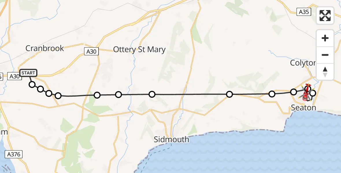Flight route Air Ambulance Helicopter Exeter International Airport - Seaton, 27 July 2026, 10:24