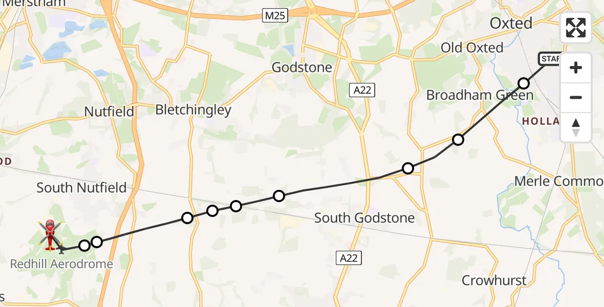Flight route Air Ambulance Helicopter Limpsfield - Redhill Aerodrome, 27 July 2026, 10:25