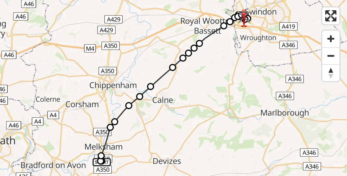 Flight route Air Ambulance Helicopter Wiltshire Air Ambulance - West Swindon, 27 July 2026, 10:29