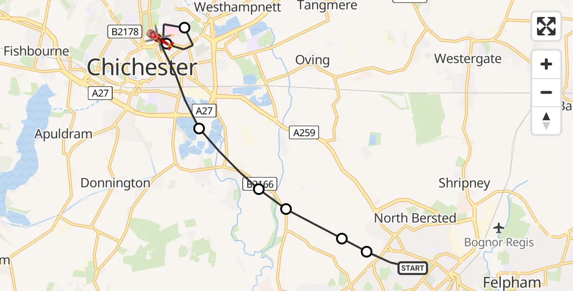 Flight route Air Ambulance Helicopter Bognor Regis - Chichester, 27 July 2026, 10:29