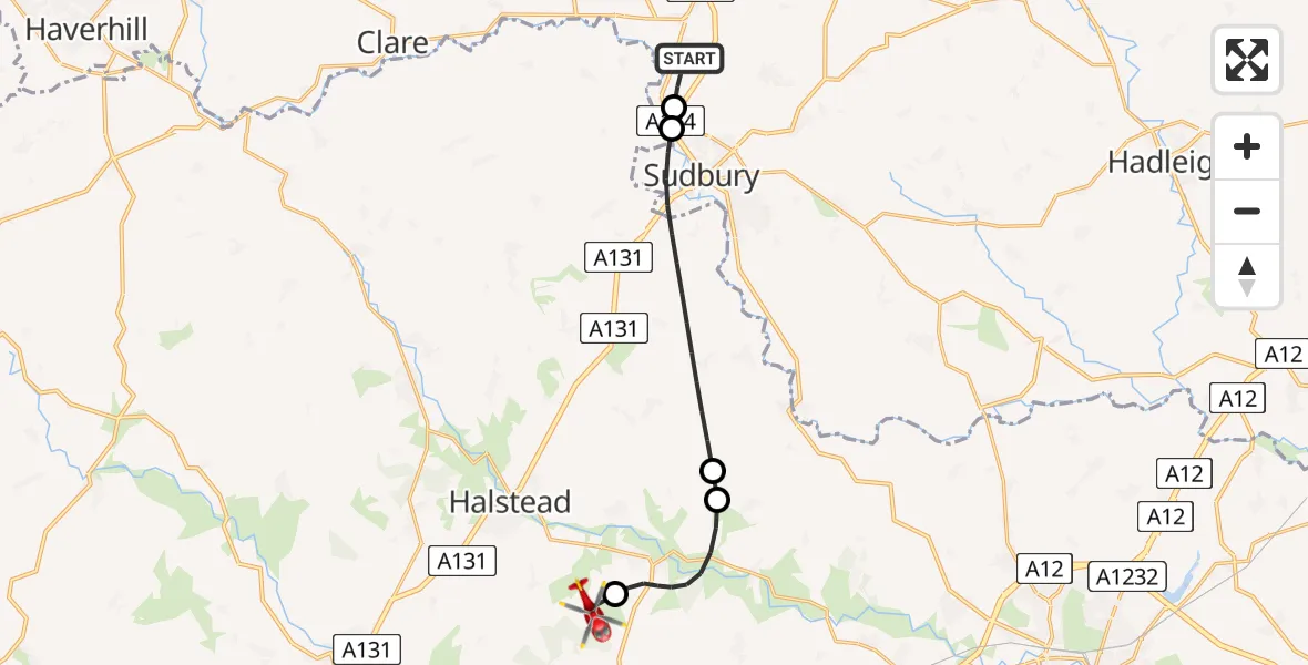 Flight route Air Ambulance Helicopter Long Melford - Earls Colne Airfield, 27 July 2026, 10:29