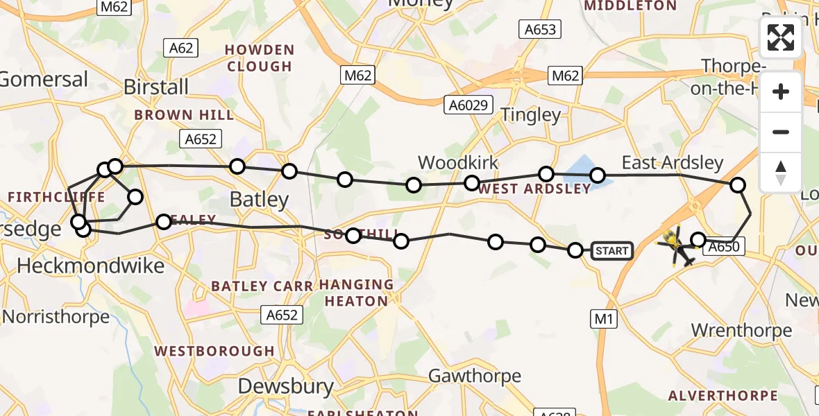 Flight route Police Helicopter East Ardsley - East Ardsley, 27 July 2026, 10:29