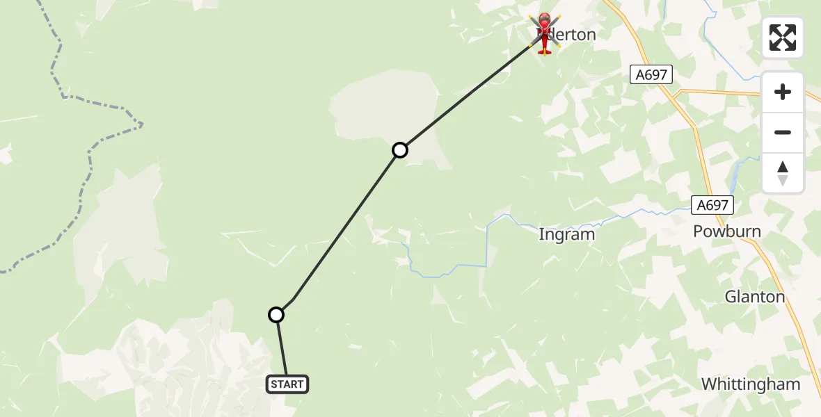 Flight route Air Ambulance Helicopter Alwinton - Ilderton, 27 July 2026, 10:36