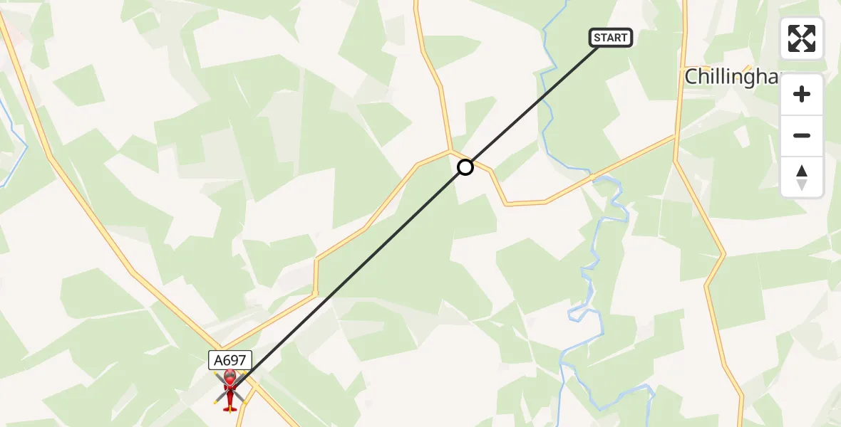 Flight route Air Ambulance Helicopter Chillingham - Ilderton, 27 July 2026, 10:41