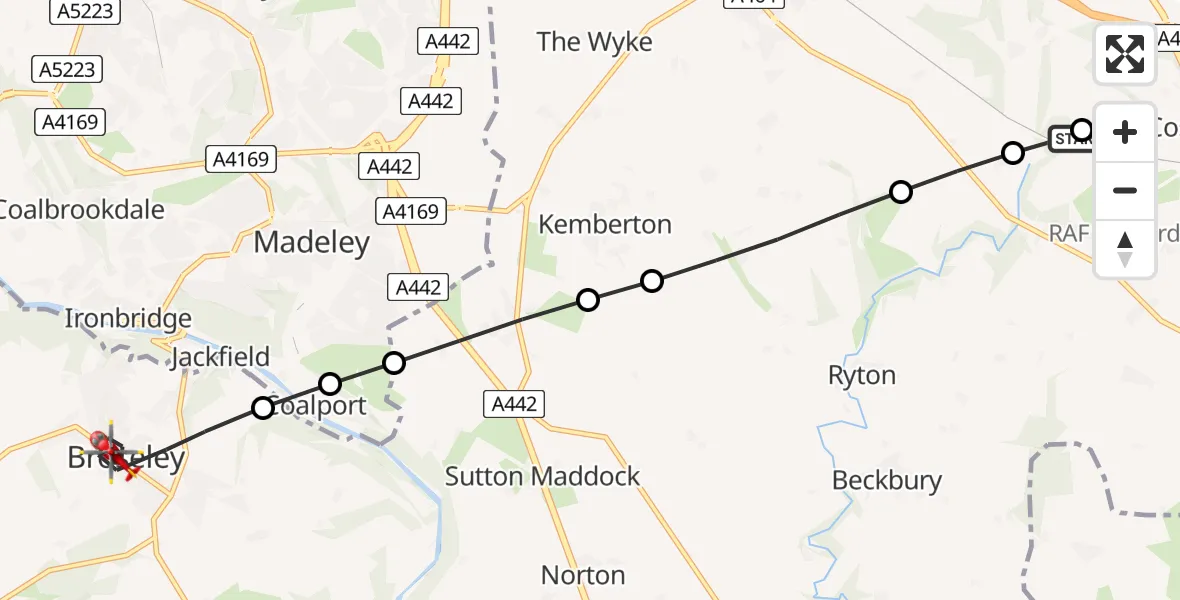 Flight route Air Ambulance Helicopter RAF Cosford - Broseley, 27 July 2026, 10:41