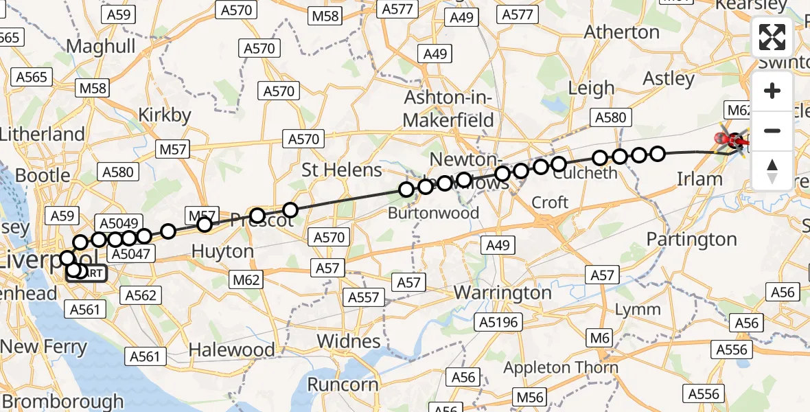 Flight route Air Ambulance Helicopter Edge Hill - Manchester Barton Aerodrome, 27 July 2026, 10:47