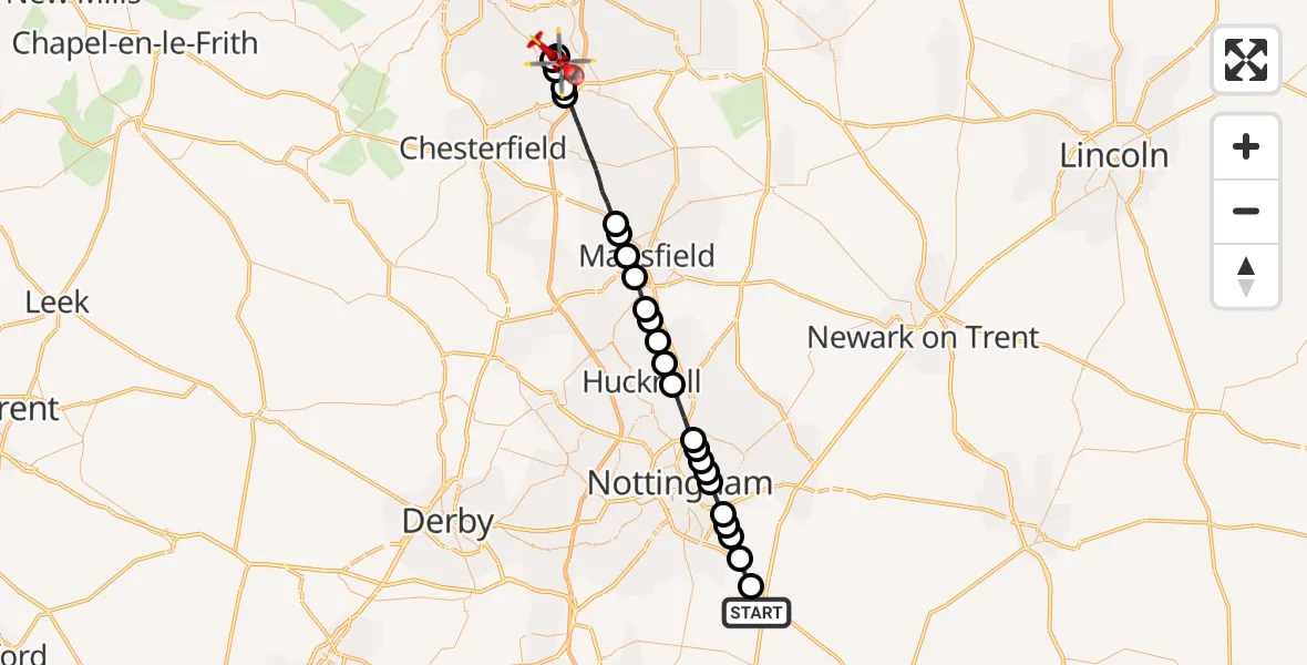Flight route Air Ambulance Helicopter Widmerpool - Eckington, 27 July 2026, 10:54