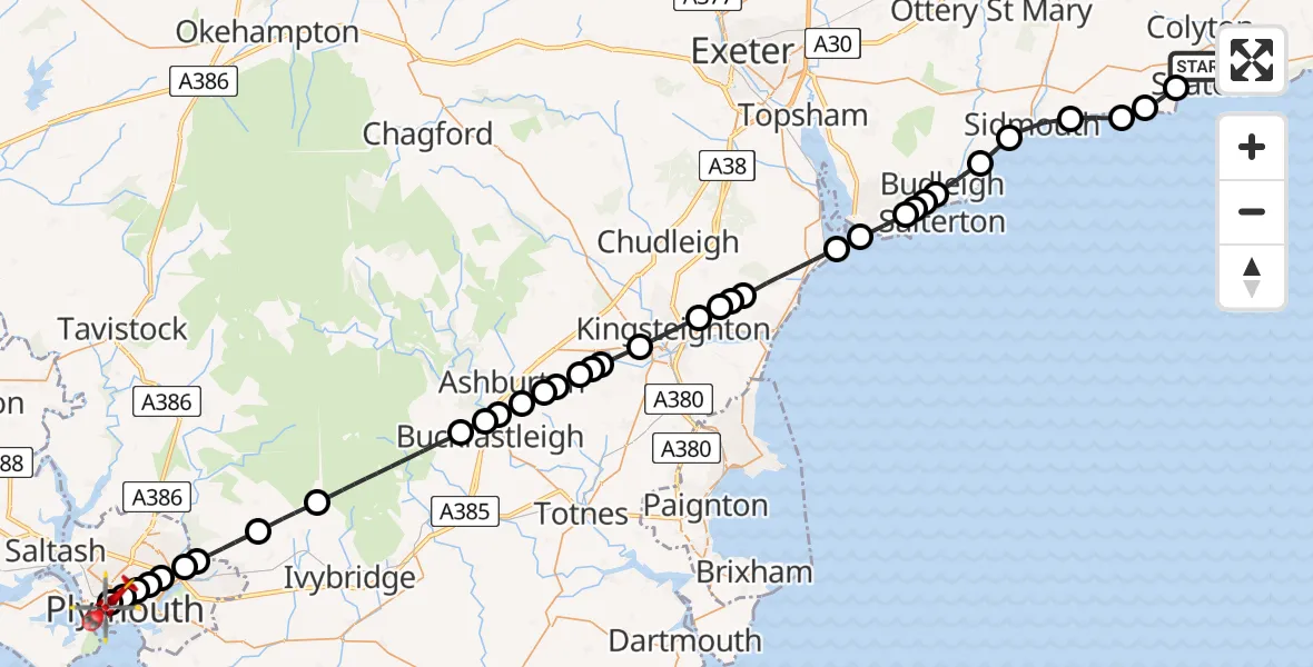 Flight route Air Ambulance Helicopter Seaton - Stonehouse, 27 July 2026, 10:55